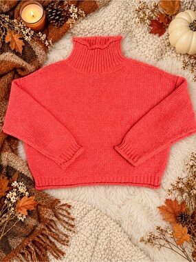 Anthropologie Coral Pink Chunky Knit Oversized Cropped Turtleneck Sweater M